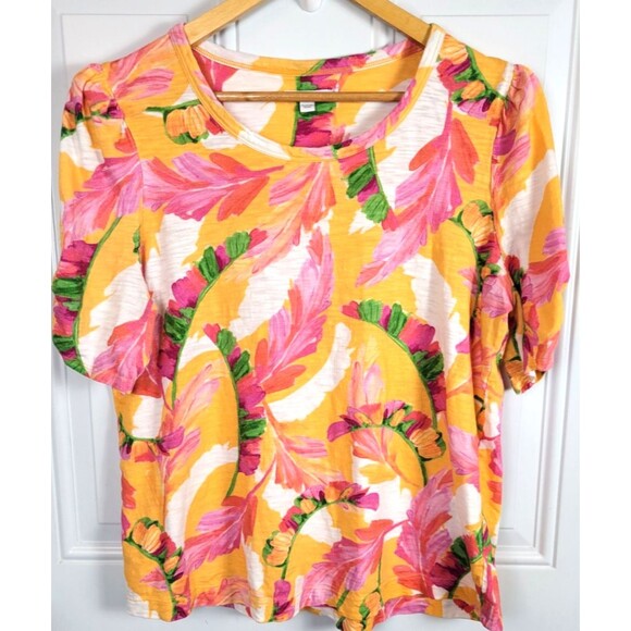 Chico's Short Sleeve Top Size L Vibrant Colorful Cotton Puff Shoulder Vacation - Picture 1 of 5